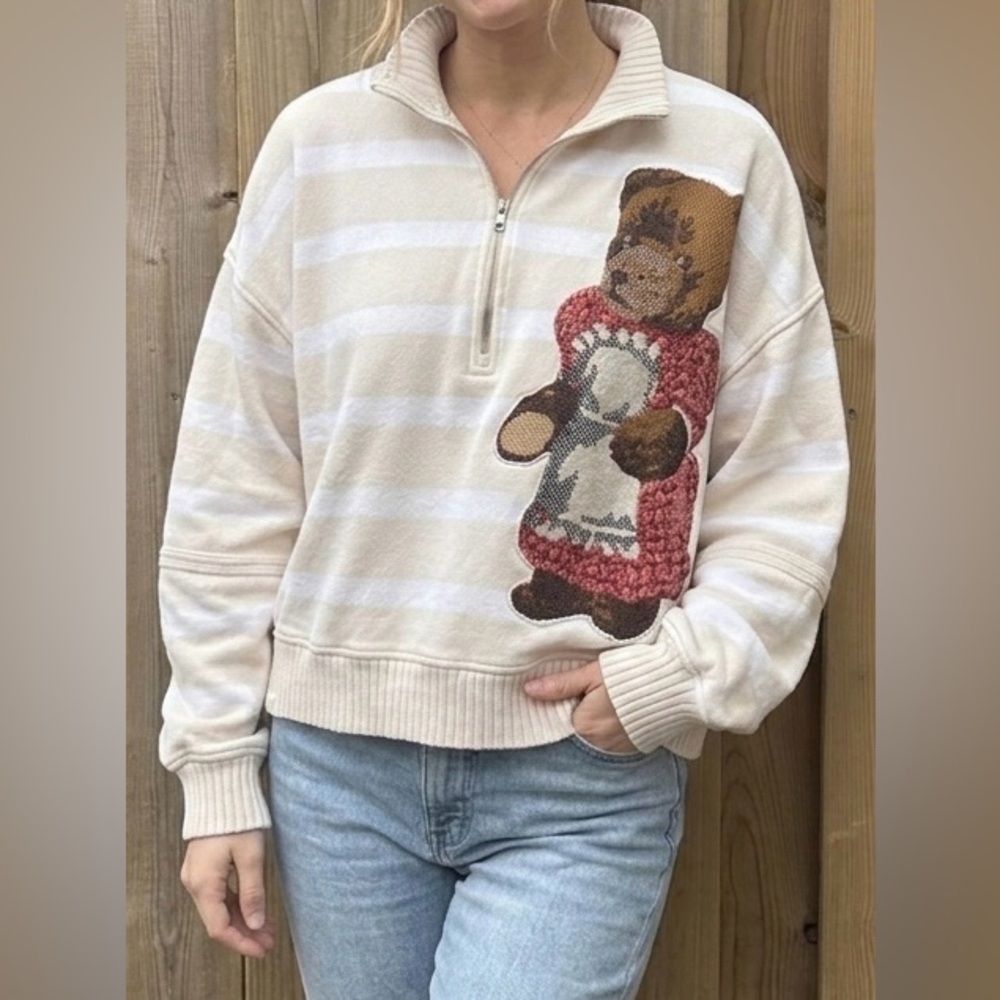AERIE Upcycled Striped Quarter-Zip with Woven Teddy Patch - Size Large